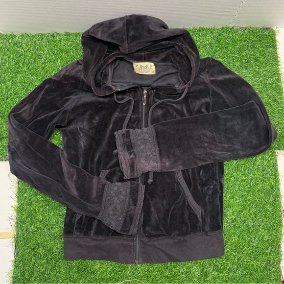 Juicy Couture Vintage Velvet Lace Embroidered Sleeve Zip Up Hoodie - Picture 1 of 8